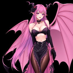 A realistic and sexy submissive gothic anime succubus girl with beautiful wings, slender thin horns, and a playful tail
