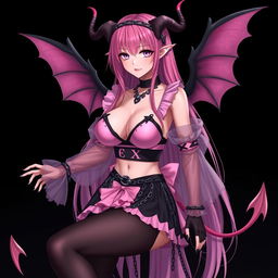 A realistic and sexy submissive gothic anime succubus girl with beautiful wings, slender thin horns, and a playful tail