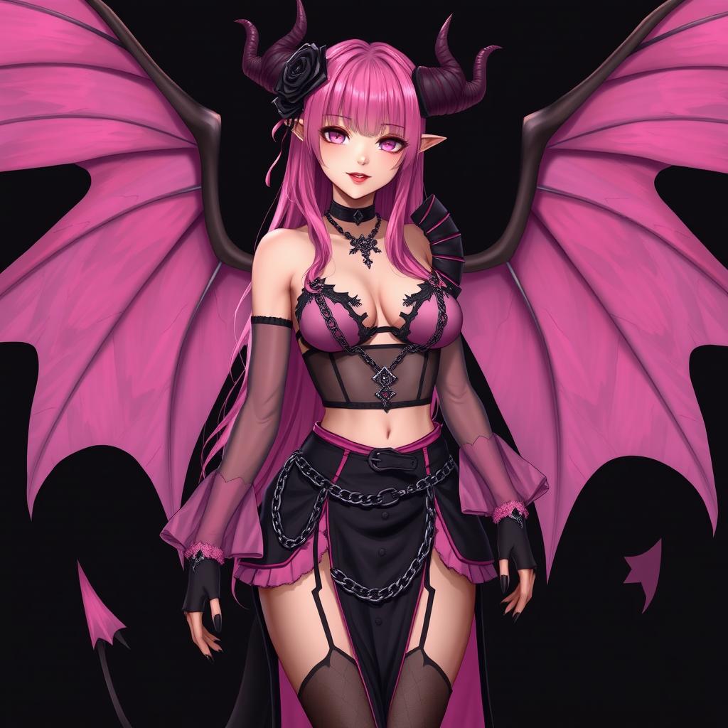 A realistic and sexy submissive gothic anime succubus girl with beautiful wings, slender thin horns, and a playful tail