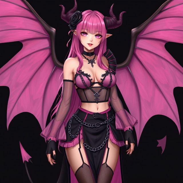 A realistic and sexy submissive gothic anime succubus girl with beautiful wings, slender thin horns, and a playful tail