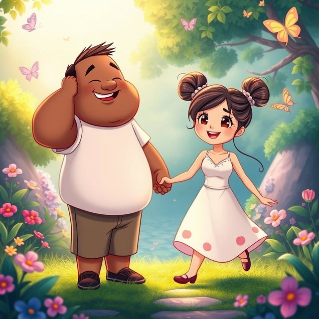 A whimsical Disney-style illustration featuring a tall chubby man with a warm brown skin tone, joyfully holding hands with a chubby short woman who has a light skin tone, prominent east Asian eyes, and her hair styled in two adorable buns