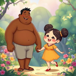 A whimsical Disney-style illustration featuring a tall chubby man with a warm brown skin tone, joyfully holding hands with a chubby short woman who has a light skin tone, prominent east Asian eyes, and her hair styled in two adorable buns