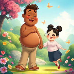 A whimsical Disney-style illustration featuring a tall chubby man with a warm brown skin tone, joyfully holding hands with a chubby short woman who has a light skin tone, prominent east Asian eyes, and her hair styled in two adorable buns
