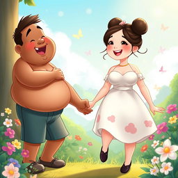 A whimsical Disney-style illustration featuring a tall chubby man with a warm brown skin tone, joyfully holding hands with a chubby short woman who has a light skin tone, prominent east Asian eyes, and her hair styled in two adorable buns