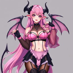 A stunning and realistic sexy submissive gothic anime succubus girl, featuring elegant wings, slender thin horns, and a playful tail