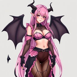 A stunning and realistic sexy submissive gothic anime succubus girl, featuring elegant wings, slender thin horns, and a playful tail