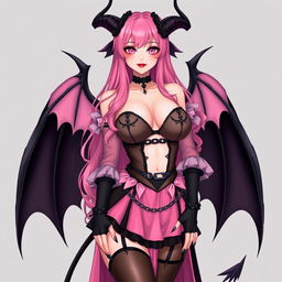 A stunning and realistic sexy submissive gothic anime succubus girl, featuring elegant wings, slender thin horns, and a playful tail