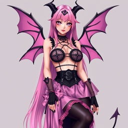 A stunning and realistic sexy submissive gothic anime succubus girl, featuring elegant wings, slender thin horns, and a playful tail