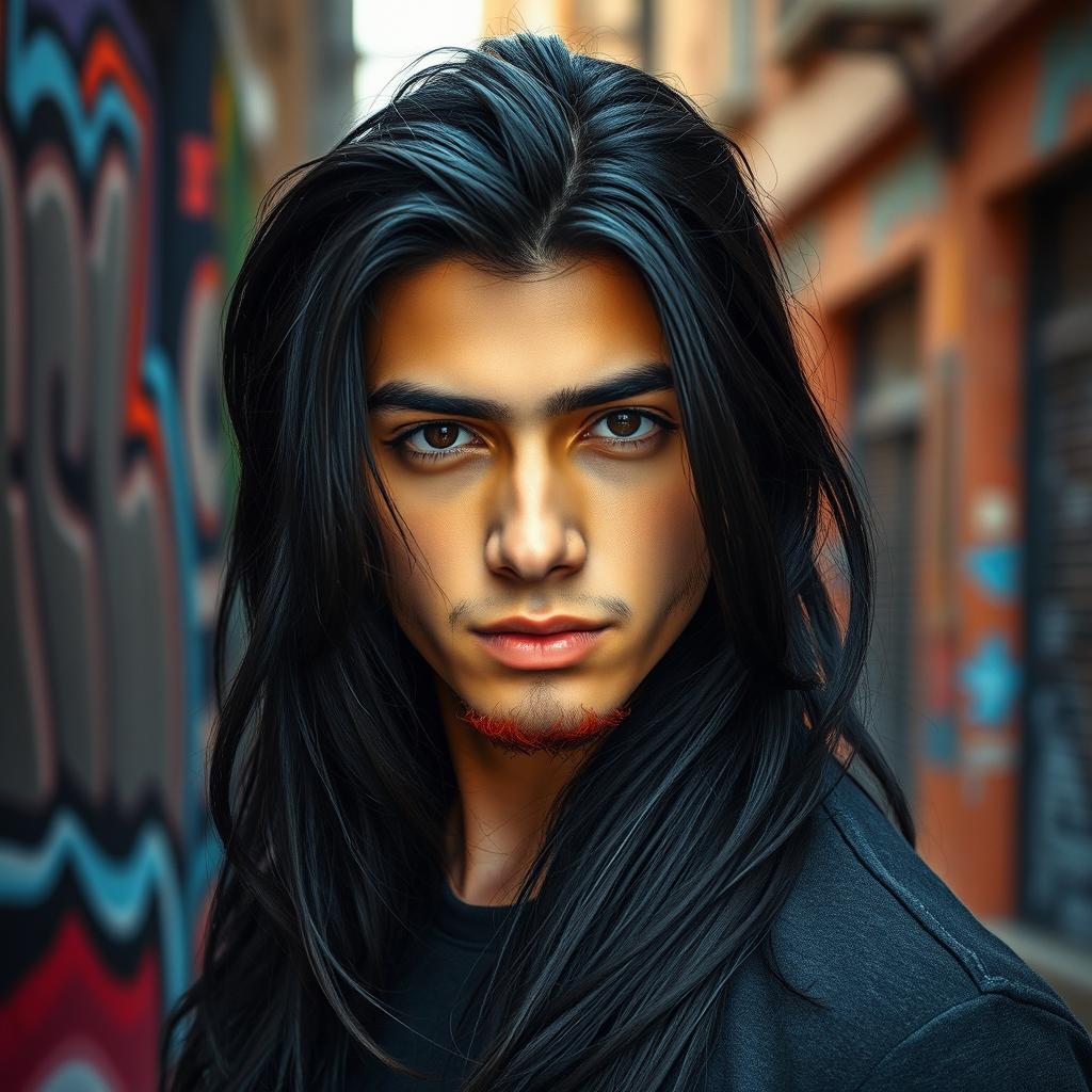 An 18-year-old young man with long black hair flowing down to his shoulders, striking black eyes that are full of intensity, and a hint of red stubble adorning his jawline