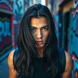 An 18-year-old young man with long black hair flowing down to his shoulders, striking black eyes that are full of intensity, and a hint of red stubble adorning his jawline