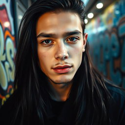 An 18-year-old young man with long black hair flowing down to his shoulders, striking black eyes that are full of intensity, and a hint of red stubble adorning his jawline