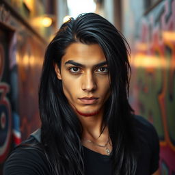 An 18-year-old young man with long black hair flowing down to his shoulders, striking black eyes that are full of intensity, and a hint of red stubble adorning his jawline