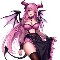 A realistic and sexy submissive gothic anime succubus girl, showcasing majestic wings, slender thin horns, and a playful tail