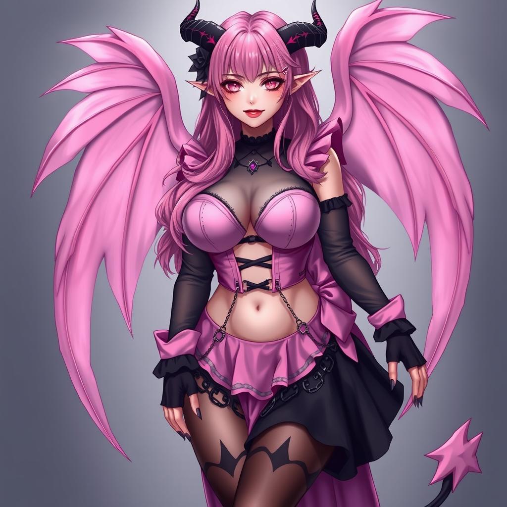 A realistic and sexy submissive gothic anime succubus girl, showcasing majestic wings, slender thin horns, and a playful tail