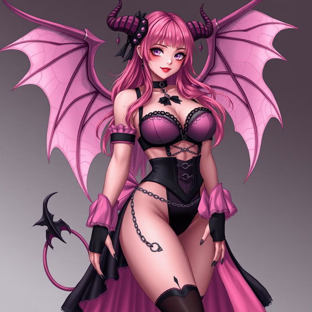 A realistic and sexy submissive gothic anime succubus girl, showcasing majestic wings, slender thin horns, and a playful tail