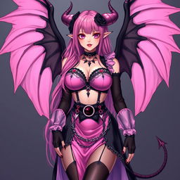 A realistic and sexy submissive gothic anime succubus girl, showcasing majestic wings, slender thin horns, and a playful tail