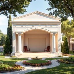 A small theater designed in modern architecture that features moderate inspiration from Greek architectural concepts, including elegant columns, decorative moldings, and an archway framing the entrance