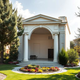 A small theater designed in modern architecture that features moderate inspiration from Greek architectural concepts, including elegant columns, decorative moldings, and an archway framing the entrance