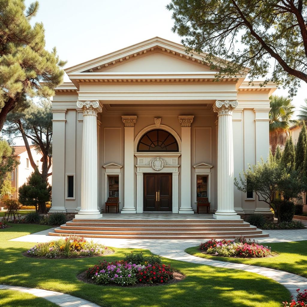 A small theater designed in modern architecture that features moderate inspiration from Greek architectural concepts, including elegant columns, decorative moldings, and an archway framing the entrance