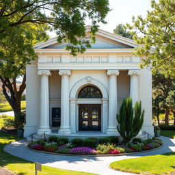 A small theater designed in modern architecture that features moderate inspiration from Greek architectural concepts, including elegant columns, decorative moldings, and an archway framing the entrance