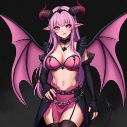 A realistic and sexy submissive gothic anime succubus girl, complete with elegant wings, slender thin horns, and a playful tail