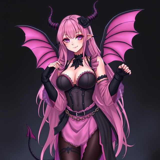 A realistic and sexy submissive gothic anime succubus girl, complete with elegant wings, slender thin horns, and a playful tail