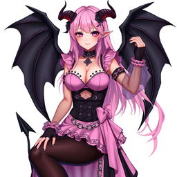 A realistic and sexy submissive gothic anime succubus girl, complete with elegant wings, slender thin horns, and a playful tail