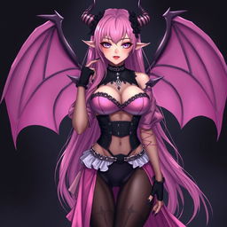 A realistic and sexy submissive gothic anime succubus girl, complete with elegant wings, slender thin horns, and a playful tail
