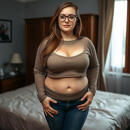 A 29-year-old Russian woman in a bedroom setting, standing confidently with a look of disapproval on her face