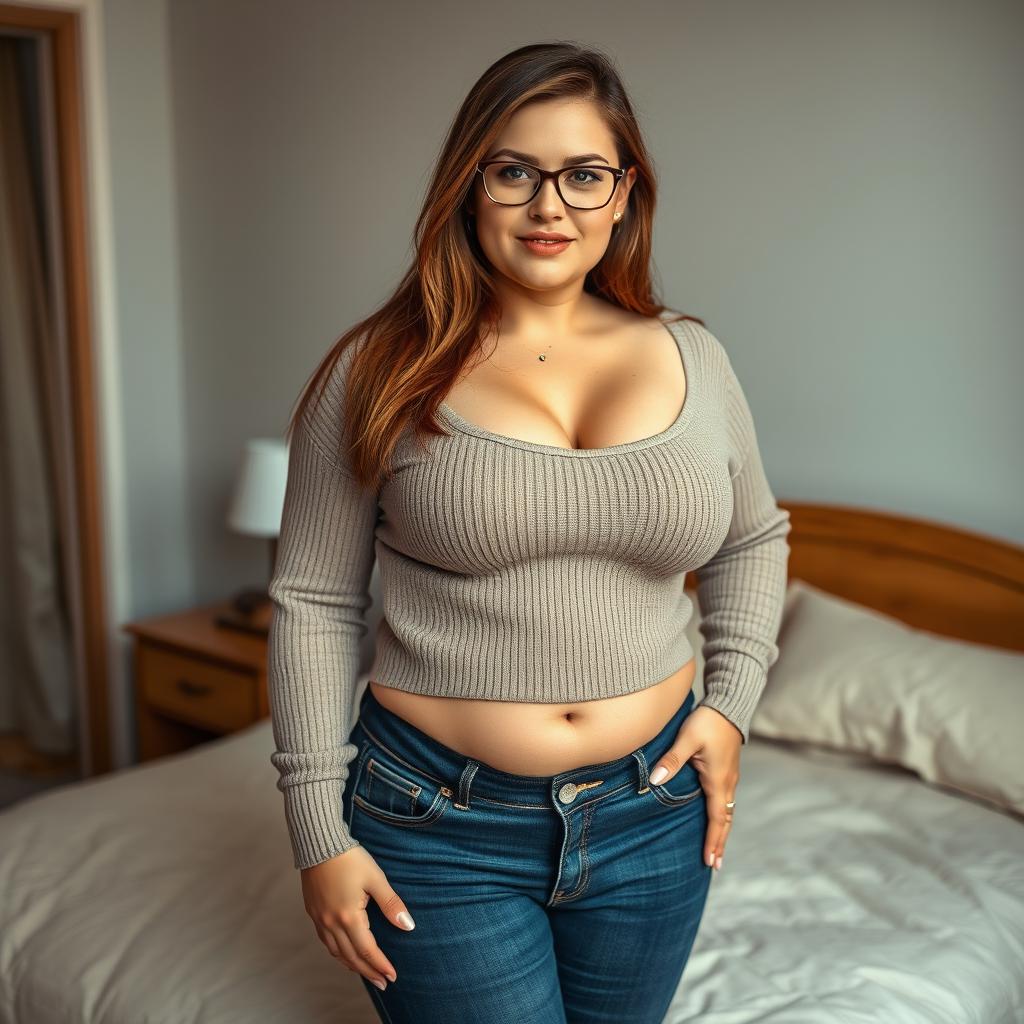 A 29-year-old Russian woman in a bedroom setting, standing confidently with a look of disapproval on her face
