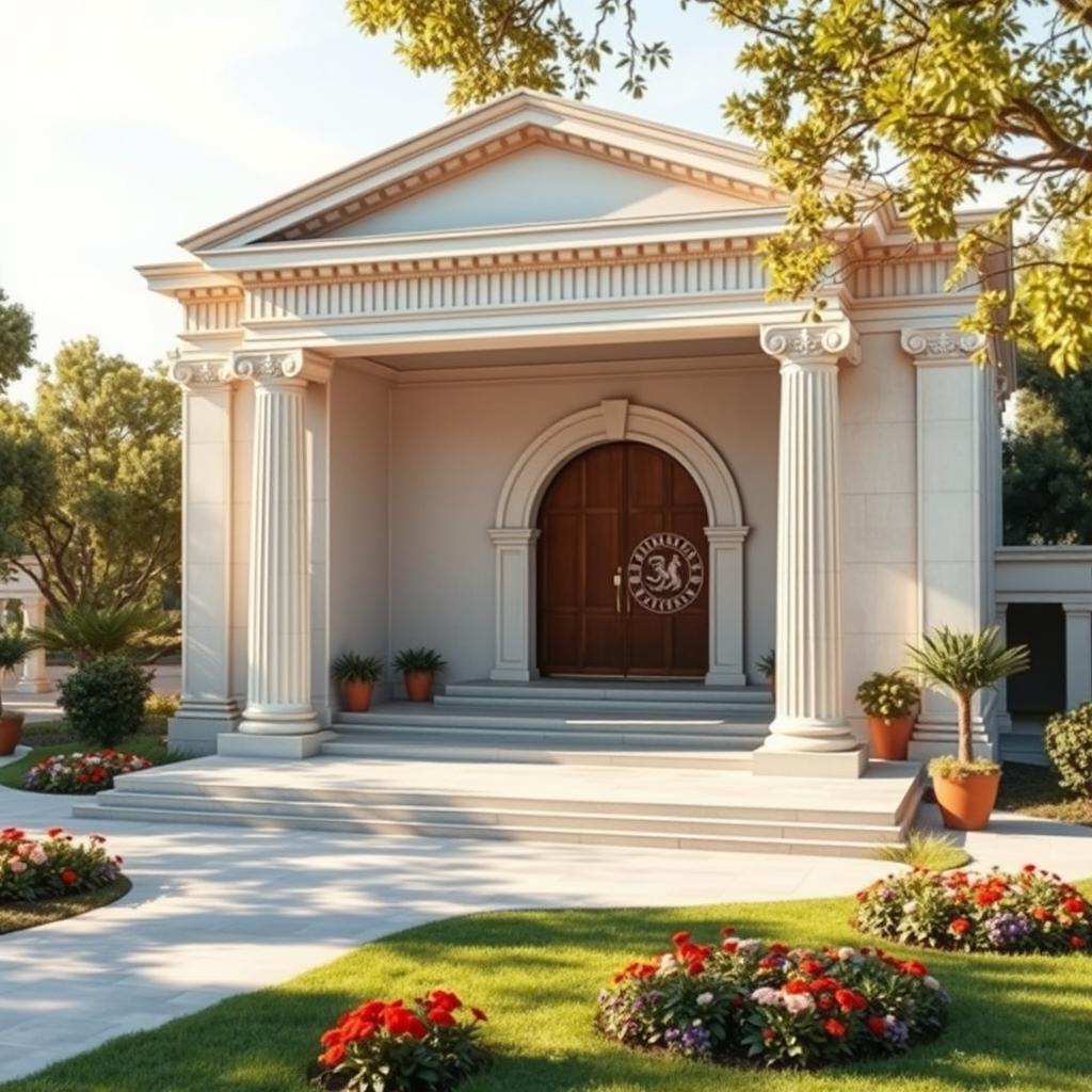 A small theater designed in modern architecture, featuring moderate inspiration from Greek architectural concepts, including a prominent archway at the entrance