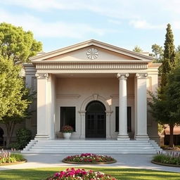 A small theater designed in modern architecture, featuring moderate inspiration from Greek architectural concepts, including a prominent archway at the entrance
