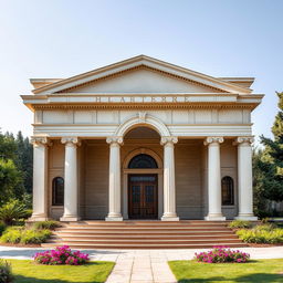 A small theater designed in modern architecture, featuring moderate inspiration from Greek architectural concepts, including a prominent archway at the entrance