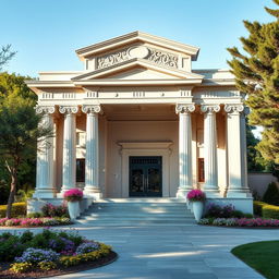 A small theater designed in modern architecture, featuring moderate inspiration from Greek architectural concepts, including a prominent archway at the entrance
