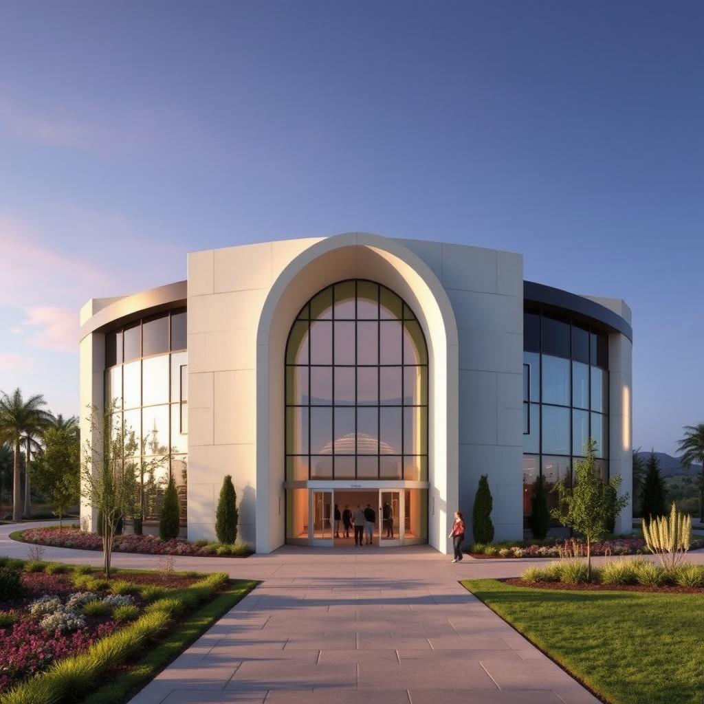 A small theater designed in modern architecture featuring a striking arch at the entrance