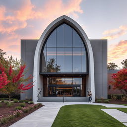 A small theater designed in modern architecture featuring a striking arch at the entrance
