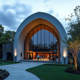 A small theater designed in modern architecture featuring a striking arch at the entrance