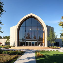 A small theater designed in modern architecture featuring a striking arch at the entrance
