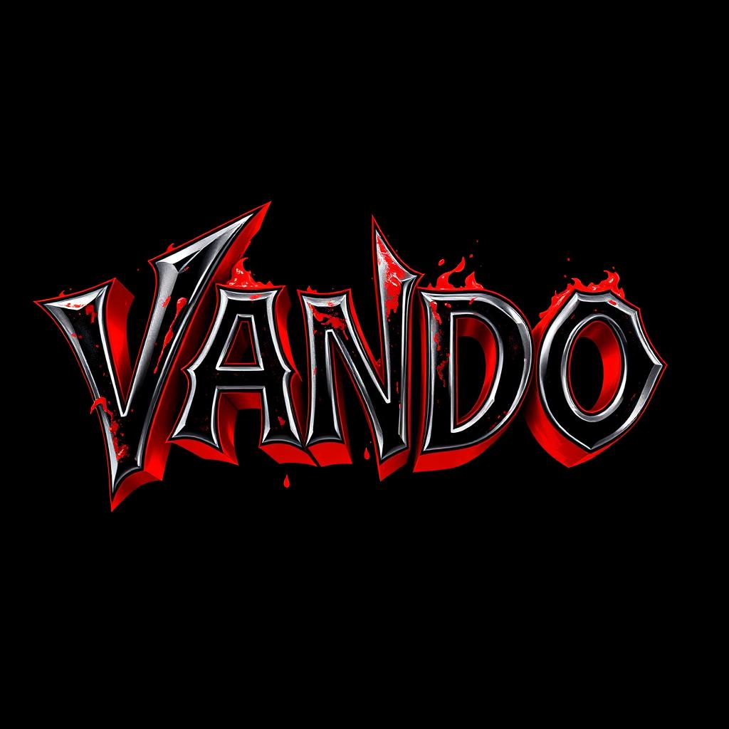 A striking 3D text design featuring the name 'VANDO' with a blood red shading effect, set against a dark, bloody fire black background