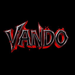 A striking 3D text design featuring the name 'VANDO' with a blood red shading effect, set against a dark, bloody fire black background
