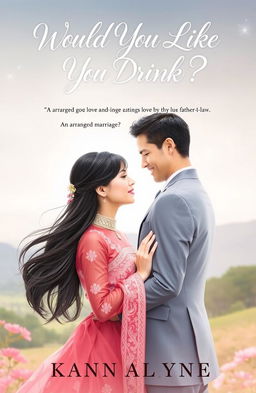 A romantic book cover depicting a love story centered around an arranged marriage, featuring a beautiful couple in love