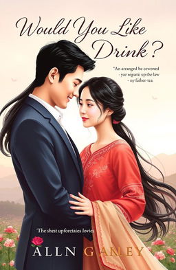 A romantic book cover depicting a love story centered around an arranged marriage, featuring a beautiful couple in love