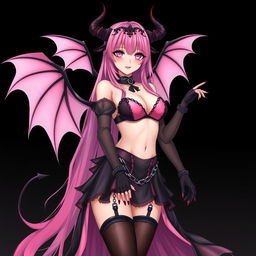 A realistic and sexy submissive gothic anime succubus girl, featuring majestic wings, slender thin horns, and a playful tail
