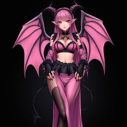 A realistic and sexy submissive gothic anime succubus girl, featuring majestic wings, slender thin horns, and a playful tail