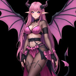 A realistic and sexy submissive gothic anime succubus girl, featuring majestic wings, slender thin horns, and a playful tail