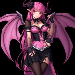A realistic and sexy submissive gothic anime succubus girl, featuring majestic wings, slender thin horns, and a playful tail
