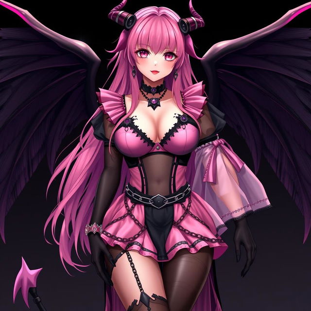 A realistic sexy submissive gothic anime succubus girl, adorned with magnificent wings, slender thin horns, and a playful tail