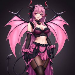A realistic sexy submissive gothic anime succubus girl, adorned with magnificent wings, slender thin horns, and a playful tail