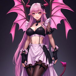 A realistic sexy submissive gothic anime succubus girl, adorned with magnificent wings, slender thin horns, and a playful tail
