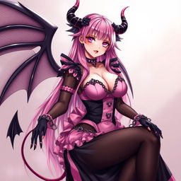 A realistic sexy submissive gothic anime succubus girl, adorned with magnificent wings, slender thin horns, and a playful tail